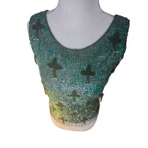 60s Vintage Beaded Sequin Top Tank Green Holiday Sleeveless HOLIDAY Sparkly S
